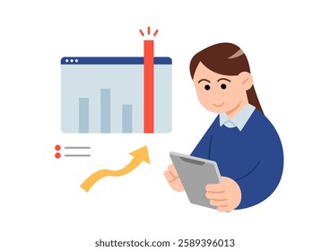 A woman is checking the performance result graph. Business illustration about goals and chart. Cartoon style flat vector illustration.