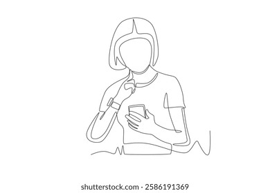 Woman checking pulse in neck using smartphone. Counting pulse concept one-line drawing