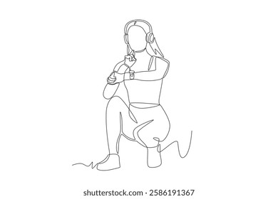 Woman checking pulse on neck using smartwatch. Counting pulse concept one-line drawing