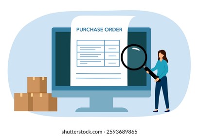 Woman checking for purchase order form in flat design. Online purchase order.