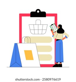 Woman Checking Shopping List With Bags In Flat Vector Illustration Symbolizing Budget Planning, Grocery Shopping, And Smart Spending, Isolated On White Background