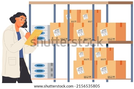 Woman checking stock inventory and making notes. Female employee counting boxes in storage. Lady in lab coat, laboratory assistant during work in storehouse. Warehouse with parcels or packages