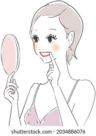 Woman checking teeth in mirror person vector illustration