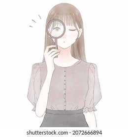 Woman checking using loupe. On white background.