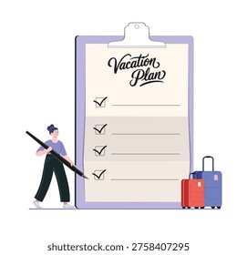 Woman Checking Vacation Plan on Giant Clipboard with Luggage	
