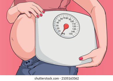 Woman checking weight change during pregnancy waiting for baby