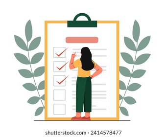Woman with checklist concept. Young girl with notepad and to do list. Planning and goal setting, scheduling, good time management. Cartoon flat vector illustration isolated on white background