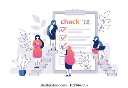 Woman with checklist on paper sheet vector illustration. Shopping list. Template for product purchase. Female checking blank with mark. Inventory check. Task or questionaire form.