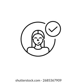 Mujer con marca de verificación, acceso verificado, perfil seguro. Icono de Vector de trazo perfecto y editable