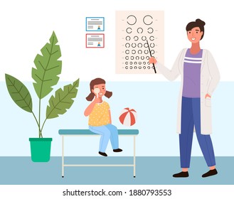 Woman checks the child's eyesight. Table for testing visual acuity in the ophthalmologist's office. Doctor in white coat conducting study of state of vision. Girl at the appointment with optometrist