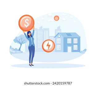 Woman checks heating meter and calculate household utility bill.  flat vector modern illustration 