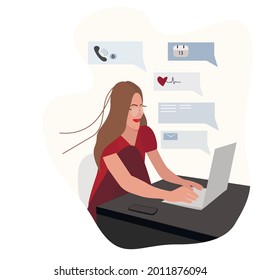 woman checks her mail, calendar, messages, missed calls, health on a laptop. Happiness, joy there are many pleasant moments in life. Online life. Flat cartoon vector illustration.