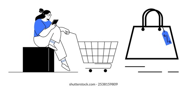 Woman checks her phone near an empty shopping cart. Large shopping bag with a sale tag. Ideal for online shopping, e-commerce, retail, customer behavior, digital transactions. Simple line style