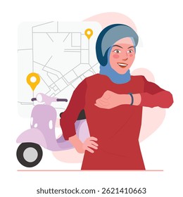 woman checks map direction before riding bike illustration