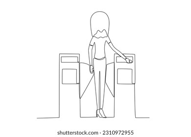 A woman checks in while boarding the train. Train station activities one-line drawing