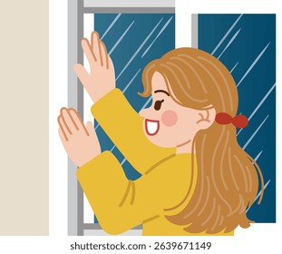 Woman checks windows and window frames in preparation for typhoons and heavy rains