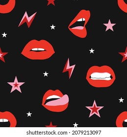 Woman cheeky lips in red lipstick make up vector seamless pattern. Girl power Rock Star background. Red Pink Black sassy girlish fashion design. 