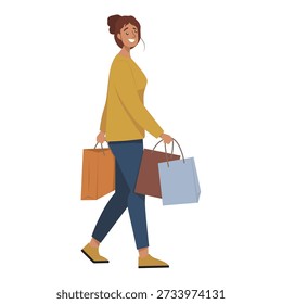 Mulher com uma expressão alegre segurando várias sacolas de compras enquanto caminha. Ela está vestida casualmente com um suéter amarelo e jeans. A imagem captura uma experiência de compras alegre.