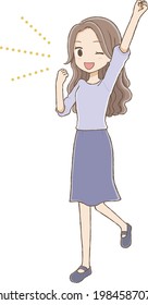 A woman cheerfully raises her hand. This is a full body illustration.