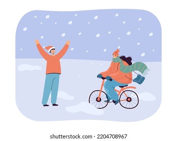 Woman cheering for friend riding bicycle on snowy road. Happy couple having fun outside in winter flat vector illustration. Winter, leisure, happiness concept for banner or landing web page