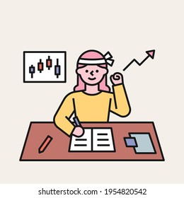 A woman is cheering herself while studying stock at her desk. flat design style minimal vector illustration.