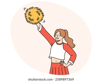 Woman cheerleader raises hand with pumpon up supporting college soccer team. Cheerleader teenager cheers for university at athletic tournament and shouts to motivate football players