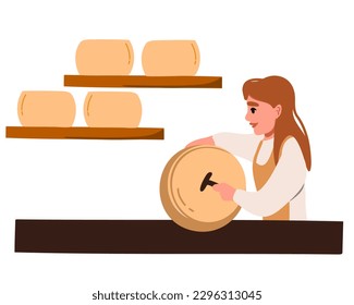 A woman cheese maker checks production in a cheese cellar. Vector illustration