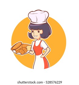 Woman chef bakery fresh shop concept cartoon brand logo vector