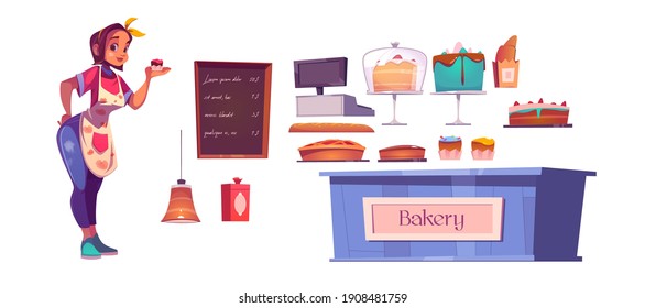 Woman chef and bakery shop interior set with counter, cakes, cashbox and menu chalkboard. Vector cartoon set of girl baker, fresh bread, pastry and pies isolated on white background