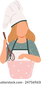 Woman chef baking whisking bowl. Female cook uniform kitchen work. Cartoon character culinary whisk cooking