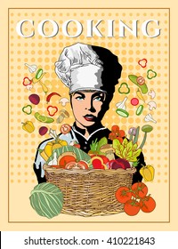 Woman chef beautiful girl cook pop art vector 