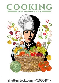 Woman chef beautiful girl cook fresh vegetables in a basket pop art vector 