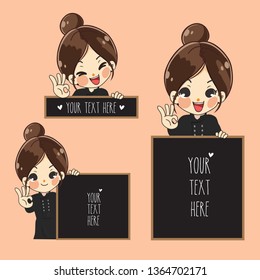 
Woman chef in a black dress holds a space label for your message.