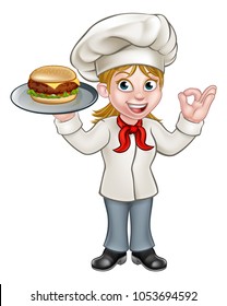 A woman chef cartoon character holding a cheese burger on a plate 