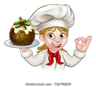 A woman chef cartoon character holding a Christmas pudding and doing a perfect gesture