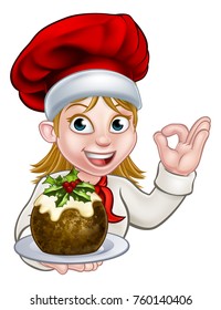 A woman chef cartoon character wearing a Santa like hat holding a Christmas pudding and doing a perfect gesture