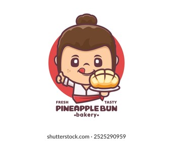 woman chef cartoon  mascot with pineapple bun. design template logo, sticker, cartoon identity, icon, etc.