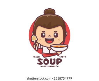 woman chef cartoon  mascot with soup. design template logo, sticker, cartoon identity, icon, etc.