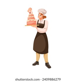 Woman Chef Character in Uniform Decorate Cake in Restaurant Cooking Meal Vector Illustration