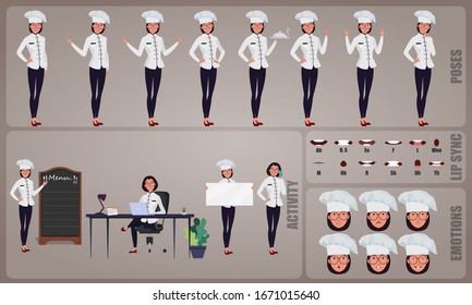 Chef o personaje de cocinero Set. Colección de poses del cuerpo del personaje, gestos faciales, actividades culinarias y poses de Síntomas de Lip. Conjunto de caracteres listo para usar y animado. Ilustración vectorial.