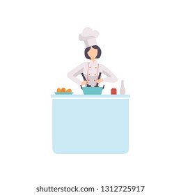 Woman Chef Cook Character Wearing Uniform and Hat Cooking in Kitchen Vector Illustration