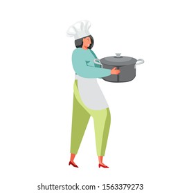 Woman chef cook holding big pan, vector flat illustration isolated on white background. Restaurant worker in uniform cooking.