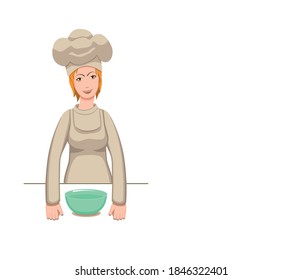Woman chef cook. Multi-colored image of a woman chef in the workplace. The background is white. There is room for text. Vector illustration.