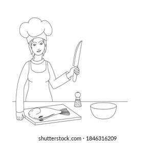 Woman chef cook. An outline image of a woman chef cutting fish for cooking. The background is white. There is room for text. Vector illustration.