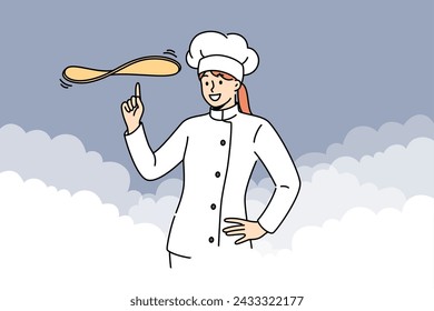 Una cocinera prepara la masa para la pizza o el pastel delicioso, se encuentra entre nubes de harina. Chica chef de restaurante demuestra habilidades en la preparación de platos complejos y la cocción con una receta única.