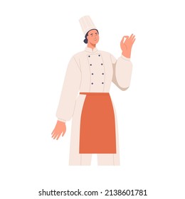 Woman chef cook in professional uniform, showing okay gesture with hand. Happy smiling female restaurant worker in hat and apron with OK sign. Flat vector illustration isolated on white background