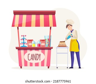 Woman Chef Cooking Cake At Street Food Vending Booth. Female Cook In Professional Uniform Selling Candies And Tasty Desserts At Street Market Stall. Outdoor Local Fair, Summer Festival Flat Vector