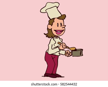 Woman chef cooking, happy, with pot in hand.