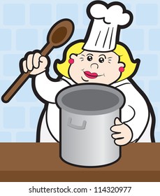 Woman chef cooking with large pot