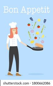 Woman chef cooking salmon steak vector